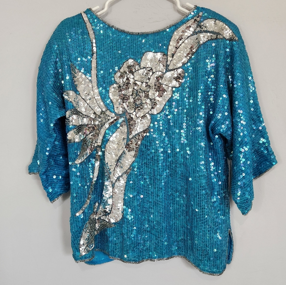 VINTAGE WOMEN'S SILK FULLY BEADED SEQUINS BLOUSE FLORAL ELEGANT DOMINIQUE SIZE L